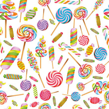 Load image into Gallery viewer, Image featuring an assortment of colorful lollipops and candy canes. The sweets, reminiscent of the vibrant patterns found on baby clothes fabric, are striped in various bright colors including red, blue, green, yellow, and purple, and are scattered randomly across a white background. This design can be seen on &quot;Organic GOTS Cotton Jersey - Lollipops&quot; by Once Upon A Fabric.
