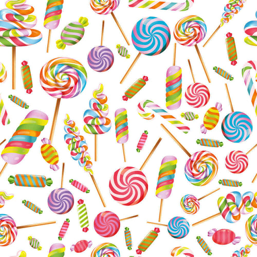 Image featuring an assortment of colorful lollipops and candy canes. The sweets, reminiscent of the vibrant patterns found on baby clothes fabric, are striped in various bright colors including red, blue, green, yellow, and purple, and are scattered randomly across a white background. This design can be seen on 