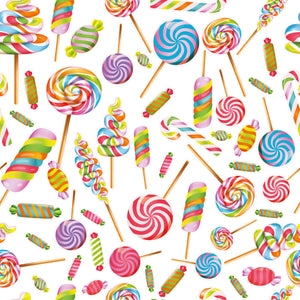 Image featuring an assortment of colorful lollipops and candy canes. The sweets, reminiscent of the vibrant patterns found on baby clothes fabric, are striped in various bright colors including red, blue, green, yellow, and purple, and are scattered randomly across a white background. This design can be seen on "Organic GOTS Cotton Jersey - Lollipops" by Once Upon A Fabric.