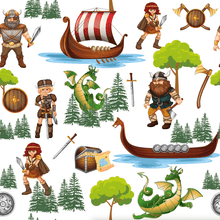 Load image into Gallery viewer, Organic cotton jersey fabric featuring Vikings, longships, dragons, treasure chests, axes, pine trees, and shields. The elements are scattered across a white background with some Vikings holding weapons and two green dragons depicted.
