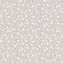 Load image into Gallery viewer, A seamless floral pattern with small, white flowers and leaves on a light beige background. The flowers are evenly distributed, creating a continuous and repetitive design across the surface of this Oeko-Tex 100 certified Cotton Jersey Fabric - Millefleur Taupe by Once Upon A Fabric, ideal for dressmaking fabric.

