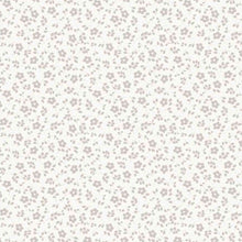 Load image into Gallery viewer, A seamless floral pattern featuring small, pale gray flowers with light green leaves on a white background. The evenly distributed flowers create a repetitive and uniform design, perfect for dressmaking fabric or wallpaper. This versatile design is ideal for Cotton Jersey Fabric - Millefleur Off White by Once Upon A Fabric, which is Oeko-Tex 100 certified.
