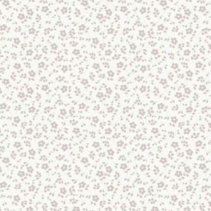A seamless floral pattern featuring small, pale gray flowers with light green leaves on a white background. The evenly distributed flowers create a repetitive and uniform design, perfect for dressmaking fabric or wallpaper. This versatile design is ideal for Cotton Jersey Fabric - Millefleur Off White by Once Upon A Fabric, which is Oeko-Tex 100 certified.