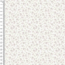 Load image into Gallery viewer, A fabric sample featuring a small floral print with grey flowers and green leaves on a white background. Made from Cotton Jersey Fabric - Millefleur Off White by Once Upon A Fabric, it’s ideal for dressmaking. A ruler along the left side shows measurements in inches from 1 to 18, indicating the scale of the print. Oeko-Tex 100 certified for quality.
