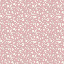 Load image into Gallery viewer, A pink background with a repeating pattern of small white flowers and green leaves. The flowers are evenly distributed, creating a uniform and symmetrical design, perfect for dressmaking fabric. This Cotton Jersey Fabric - Millefleur Old Rose by Once Upon A Fabric is also Oeko-Tex 100 certified.

