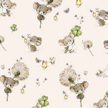 Load image into Gallery viewer, A repeating pattern featuring cute grey mice holding dandelions and shamrocks. The background is light beige, adorned with scattered butterflies, floating dandelion seeds, and small yellow flowers. This Oeko-Tex 100 certified *Cotton Jersey Fabric - Cute Mice* by *Once Upon A Fabric* is perfect for dressmaking projects with playful whimsy.
