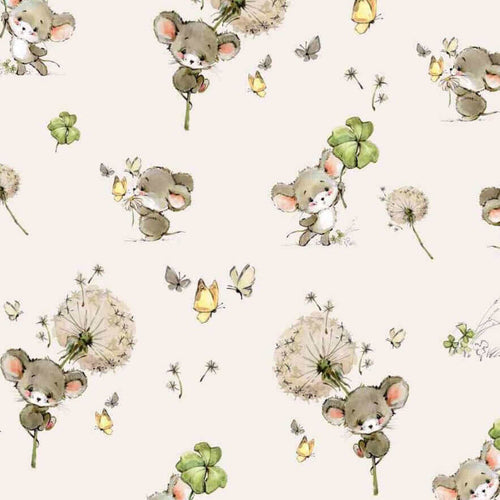 A repeating pattern featuring cute grey mice holding dandelions and shamrocks. The background is light beige, adorned with scattered butterflies, floating dandelion seeds, and small yellow flowers. This Oeko-Tex 100 certified *Cotton Jersey Fabric - Cute Mice* by *Once Upon A Fabric* is perfect for dressmaking projects with playful whimsy.