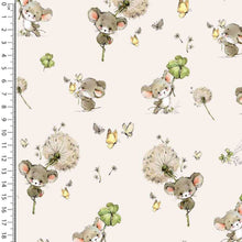 Load image into Gallery viewer, Pattern featuring small, illustrated mice with large dandelions and four-leaf clovers. Scattered around the design are yellow butterflies and dandelion seeds. A ruler along the left edge indicates the size scale. This Oeko-Tex 100 certified Cotton Jersey Fabric - Cute Mice by Once Upon A Fabric is perfect for dressmaking projects.
