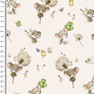 Pattern featuring small, illustrated mice with large dandelions and four-leaf clovers. Scattered around the design are yellow butterflies and dandelion seeds. A ruler along the left edge indicates the size scale. This Oeko-Tex 100 certified Cotton Jersey Fabric - Cute Mice by Once Upon A Fabric is perfect for dressmaking projects.