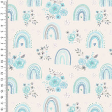 Load image into Gallery viewer, an image of aqua rainbow roses cotton jersey fabric
