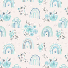 Load image into Gallery viewer, an image of aqua rainbow roses cotton jersey fabric
