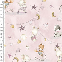 Load image into Gallery viewer, an image of pink stretch cotton jersey fabric with cute baby animals balloons moon and stars happy playing
