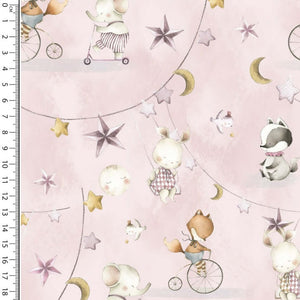 an image of pink stretch cotton jersey fabric with cute baby animals balloons moon and stars happy playing