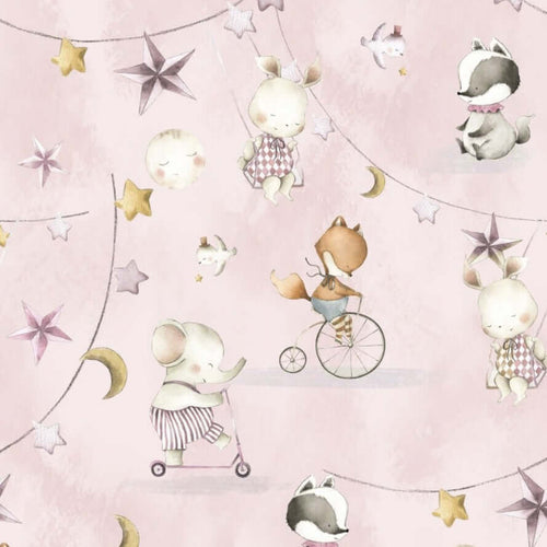 an image of pink stretch cotton jersey fabric with cute baby animals balloons moon and stars happy playing