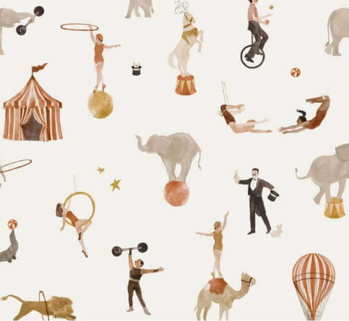 A whimsical pattern on Oeko-Tex 100 certified cotton Jersey Fabric - Circus by Family Fabrics featuring circus-themed illustrations. Images include performers on unicycles, balancing on balls, walking tightropes, and interacting with animals such as camels, elephants, dogs, and seals. Perfect for designing adorable baby clothes from Once Upon A Fabric.