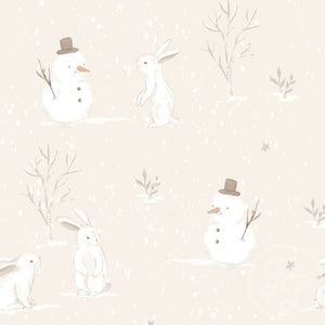 A winter-themed illustration on Oeko-Tex 100 certified cotton Jersey Fabric - SNOWMAN BEIGE by Family Fabrics featuring snowmen with top hats and carrots for noses, accompanied by white rabbits. Sparse, leafless trees and falling snowflakes fill the background, creating a simple, serene scene. The color scheme is mainly beige and white. Available at Once Upon A Fabric.