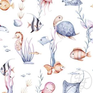 A seamless pattern, digitally printed on Oeko-Tex 100 certified cotton jersey fabric, features various watercolor marine creatures, including fish, a seahorse, a turtle, an octopus, and sea plants. The illustration uses soft pastel colors, primarily blues and oranges, on a white background. The product is Jersey Fabric - OCEAN by Family Fabrics from Once Upon A Fabric.
