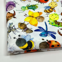 Load image into Gallery viewer, Organic stretch jersey fabric with colourful happy bugs, perfect for baby clothes, showcases various whimsical cartoon insects, including a bumblebee, ladybug, dragonfly, beetle, grasshopper, and spider.
