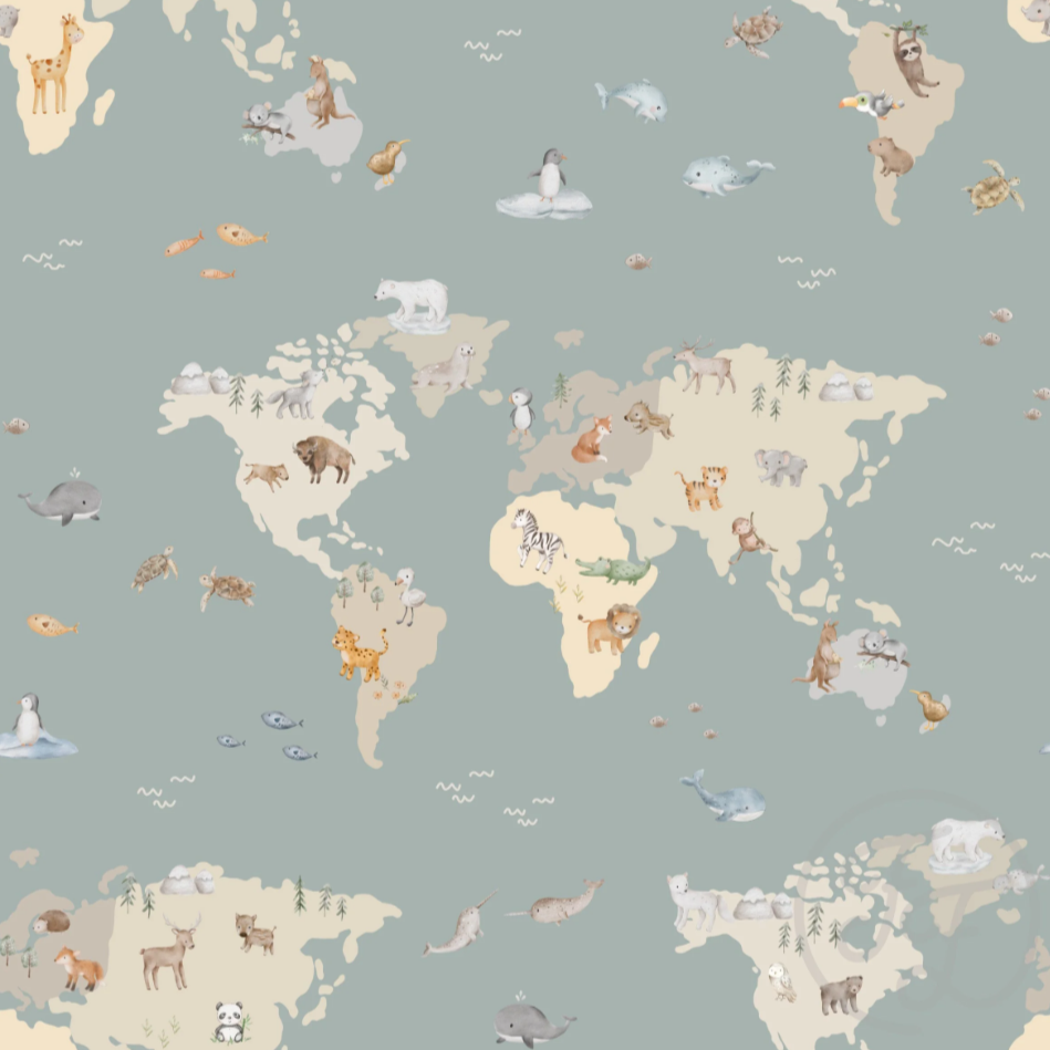 Cotton Jersey Fabric - Map Of The World Sea Green