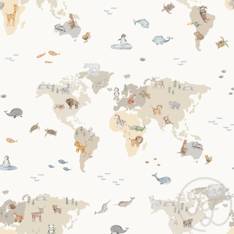 Cotton Jersey Fabric - Map Of The World Off White