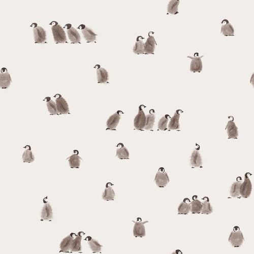 A delightful pattern featuring multiple small, illustrated penguins scattered on a light background. Perfect for baby clothes made from Cotton Jersey Fabric - PENGUINS by Family Fabrics, the evenly spaced penguins stand upright and come in various directions. Plus, it’s Oeko-Tex 100 certified for your peace of mind by Once Upon A Fabric.