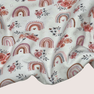 Cotton Jersey Fabric - Rainbow Roses Pink