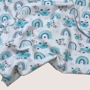 Cotton Jersey Fabric - Rainbow Roses Soft Aqua