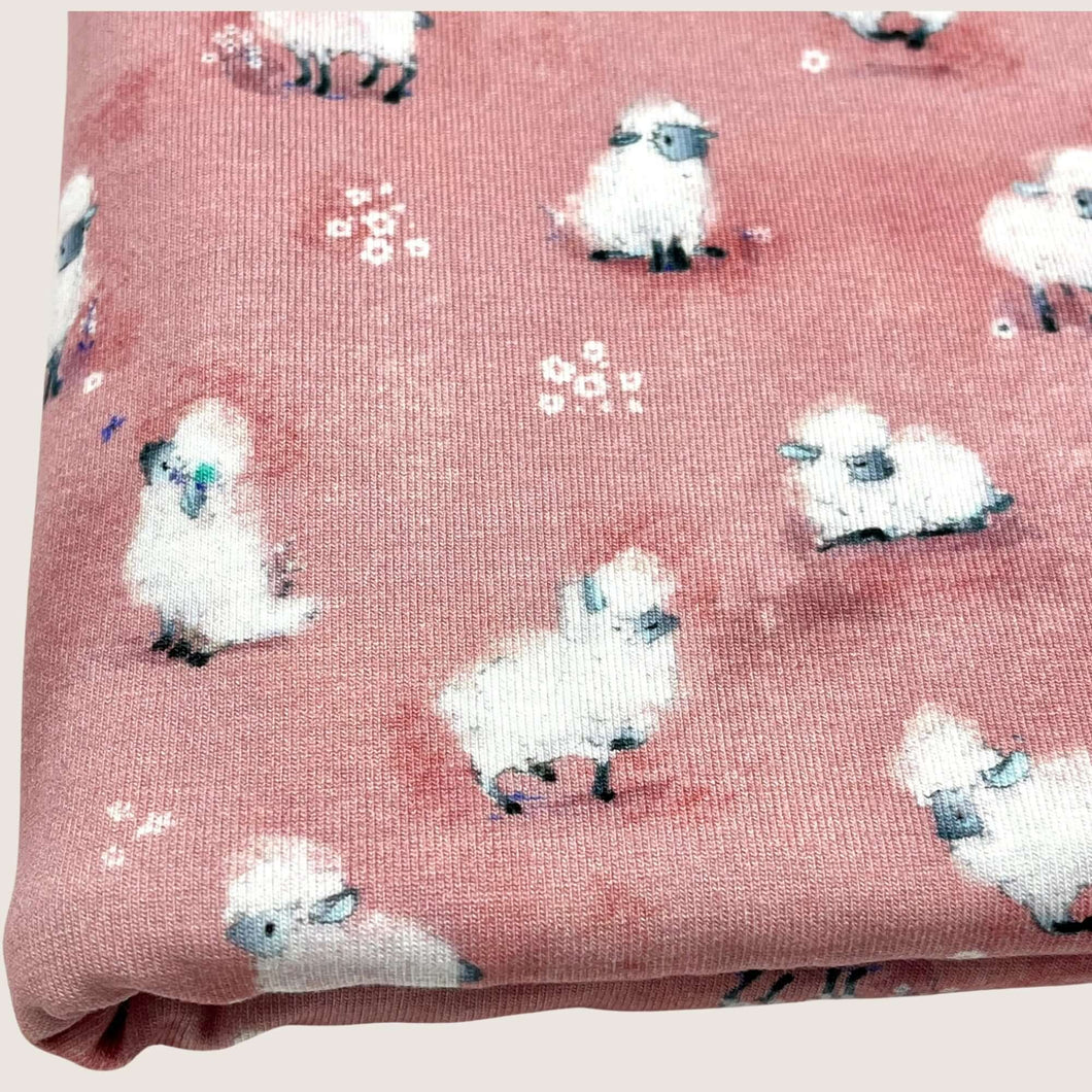 Cotton Jersey Fabric - Cute Sheep Pink