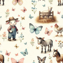 Load image into Gallery viewer, A whimsical farm-themed organic cotton jersey fabric features a farm, a lamb in a hay-filled pen, butterflies, flowers, a chicken, a donkey, and a horse, all set against a light background. Organic GOTS Cotton Jersey - Farm by Once Upon A Fabric.
