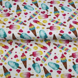 Colourful stretch fabric with illustrations of ice cream, cones, ice lollies, popsicles, set against a white background.
