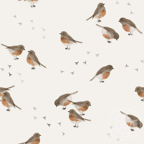 A seamless pattern featuring small brown and orange birds in various poses on a white background. Bird footprints are scattered across the Jersey Fabric - Robins by Family Fabrics, perfect for baby and children clothes. The design includes repeating elements and is subtle and minimalist in style. Available at Once Upon A Fabric.