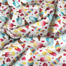 Load image into Gallery viewer, Colourful stretch fabric with illustrations of ice cream, cones, ice lollies, popsicles, set against a white background.
