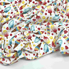 Load image into Gallery viewer, Colourful stretch fabric with illustrations of ice cream, cones, ice lollies, popsicles, set against a white background.

