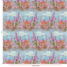 Load image into Gallery viewer, A repeating pattern of a floral design with vivid flowers in shades of pink, purple, orange, and green stems against a light blue sky background with white clouds. Small butterflies are scattered throughout the Once Upon A Fabric LAST METER Jersey Fabric - Summer Meadow, perfect for baby clothes.
