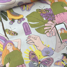 Load image into Gallery viewer, A colorful fabric pattern perfect for home furnishing, featuring illustrations of a woman with long hair, butterflies, a hand holding a popsicle, roller skates, and a smartphone displaying the woman. The 97 cm REMNANT 100% Premium Cotton - Retro Summer from Once Upon A Fabric showcases shades of green, yellow, pink, purple, and orange on 100% cotton.
